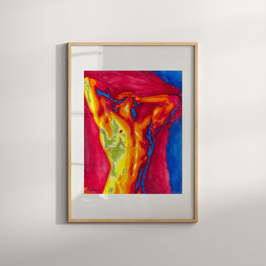 This image displays a striking piece of art titled "The Scream 2," featuring a vivid and abstract depiction of a nude male figure. The artwork is rendered in watercolor, showcasing a blend of fiery reds, oranges, and yellows with cool blues and greens, creating a powerful visual contrast.