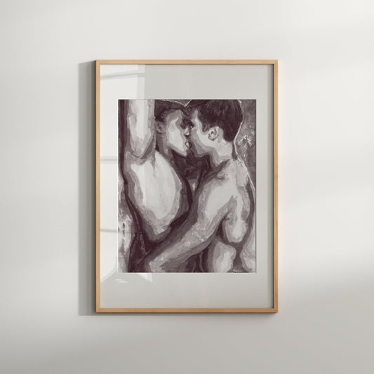 This image features a striking black and white watercolor print of a gay couple kissing. The artwork captures the intimate moment with soft, minimalist lines and a monochromatic palette, emphasizing the emotional depth of the scene.