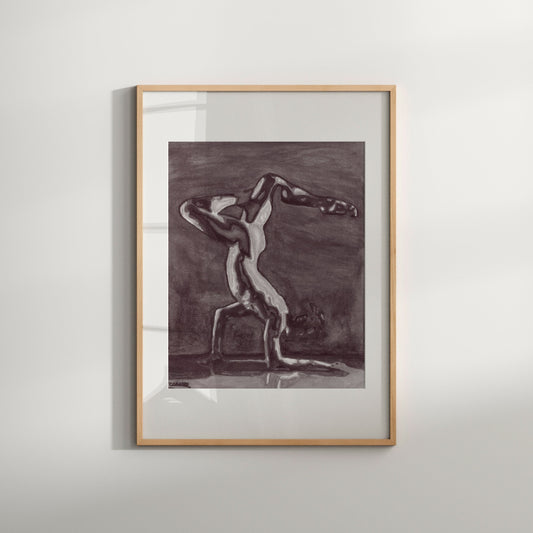 This image presents a striking black and white art print titled "Balance," featuring a sensuous depiction of a male figure in a contorted, graceful pose. The print is framed in a simple, light wooden frame that enhances its modern aesthetic.