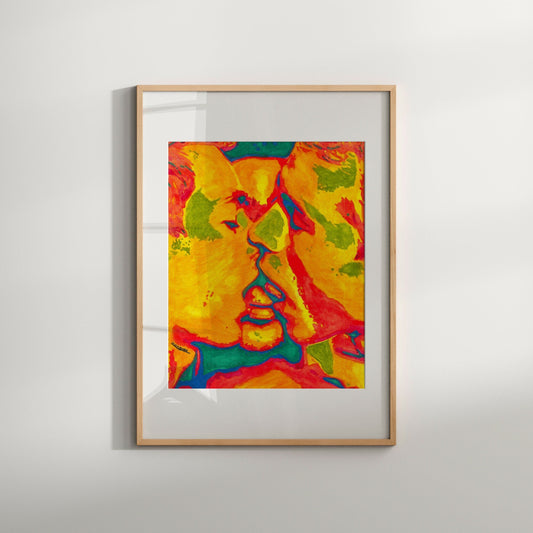 This image features a vibrant and colorful limited edition Giclée print titled "After Party," which is a part of the LGBT art genre. The artwork is a Giclée print of an original painting, showcasing an abstract and erotic depiction of male faces in a mix of warm and cool colors.