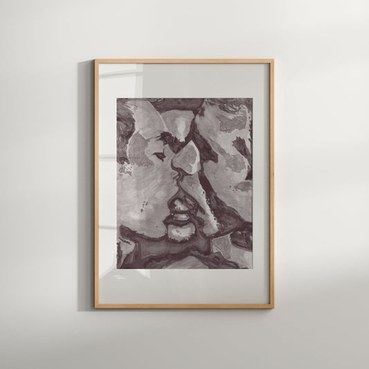 A framed watercolor art print featuring three men kissing, in black and white colors, displayed on a wooden frame.