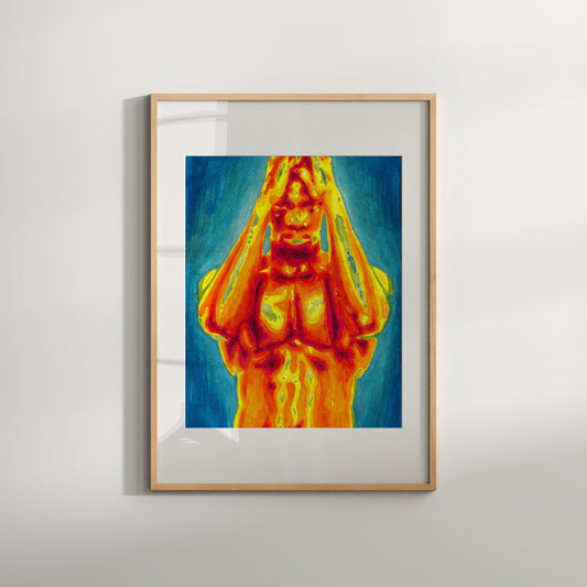 This image features a striking Giclée print of an original painting, titled "Strip Dancer" by artist Zak Mohammed. The artwork captures a vivid and intense portrayal of a male figure set against a bright blue background, with the figure's hands raised and clutching their head.