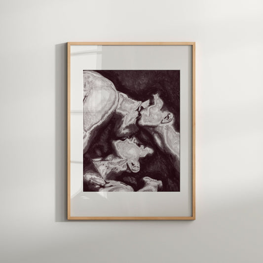 This image print depicting an erotic and poignant scene of three nude males in an intimate embrace. The artwork is rendered in delicate watercolor tones, emphasizing the play of light and shadow across the figures, enhancing the sense of depth and emotion.