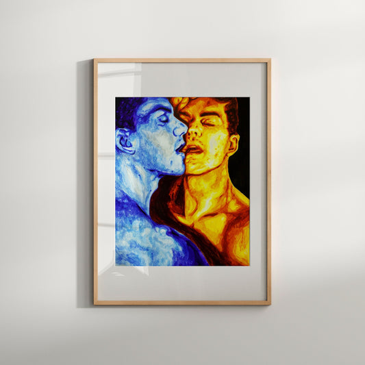 This image features a striking Giclée print titled "Reflection," which depicts an erotica poster-style artwork. The print captures the intense and expressive visual of two male figures, painted in vivid blue and red hues, locked in an intimate embrace.
