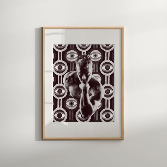 This image features a striking art print titled "Eyes," portraying a nude male figure at the center, surrounded by a pattern of abstract eyes on a vintage 70s style background. The figure depicted is a muscular, male figure with a contemplative expression, enhancing the artwork's erotic and thought-provoking appeal.