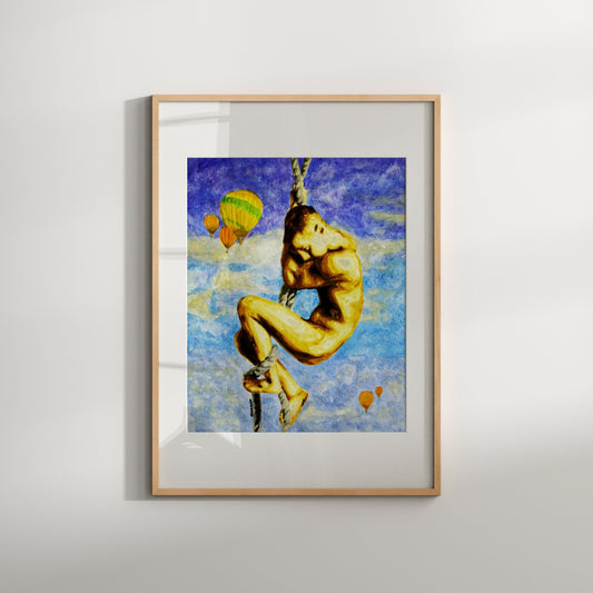 This image features a striking limited edition print titled "In Sky," which depicts a male nude figure in a state of full frontal nudity. The figure is portrayed in a dynamic and erotic pose, with one hand reaching upwards, against a vividly colored background that includes floating balloons and a cloud-filled sky.