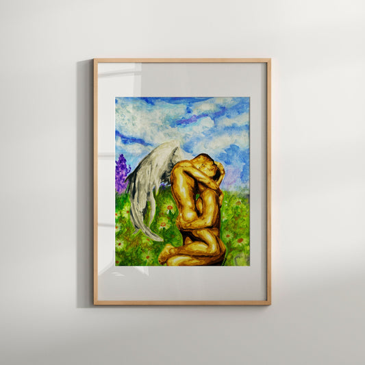 A framed art print featuring a stylized, colorful depiction of a same-sex couple kissing, with angelic figures in the background and a blue sky overhead.