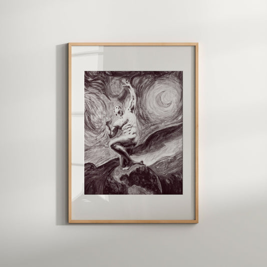A framed art print featuring a nude male figure with a dynamic, stormy background in a seated pose, reminiscent of Vincent Van Gogh's style.