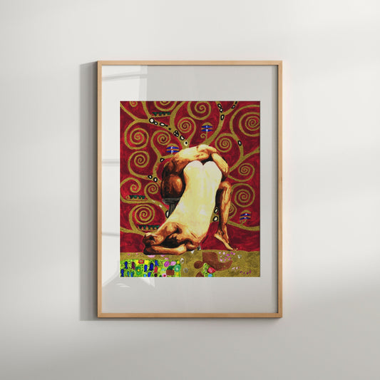 This image features a striking piece of art titled "Tree of Life 3," a watercolor print that exemplifies erotic and homoerotic art. The artwork depicts a males couple figures in a contorted, ecstatic pose against a vibrant, swirling red and gold background, surrounded by detailed spirals and set against a wooden frame.