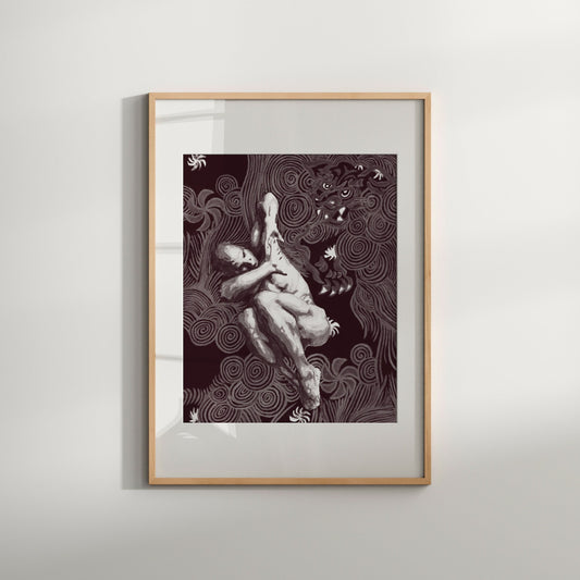 This image features a striking limited edition print titled "Dream and Dragon (B&W)," which depicts an artistic rendering of a nude male figure in an erotic pose, accompanied by a stylized, monochrome dragon. The figure is portrayed with a dynamic, contorted pose, highlighting the muscular tension and dramatic expression, while the dragon background is adorned with intricate, swirling patterns that add an element of mysticism and awe.