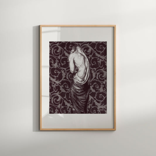This image features a striking black and white print titled "Covered with Silk," which is part of a limited edition Giclée series. The artwork depicts an original painting of a naked man, presented against a rich, dark, floral patterned background that enhances the erotic and homoerotic nature of the scene.