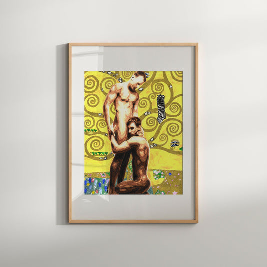This image features a framed art print titled "Stay," showcasing a males couple nude portrait that blends erotic and vintage art styles. The central figure is depicted in a dynamic, twisting pose with a playful expression, set against a vibrant, gold-foil background adorned with intricate swirls and floral motifs.