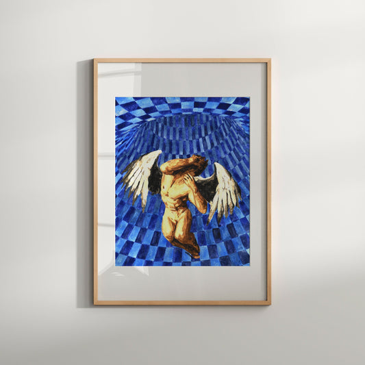 This image features a striking art print titled "The Lost Angel," which is a Giclée print of an original watercolor painting. The artwork depicts a male figure with angelic wings, portrayed in a contorted and dramatic pose against a vibrant blue background with a geometric checkered pattern.