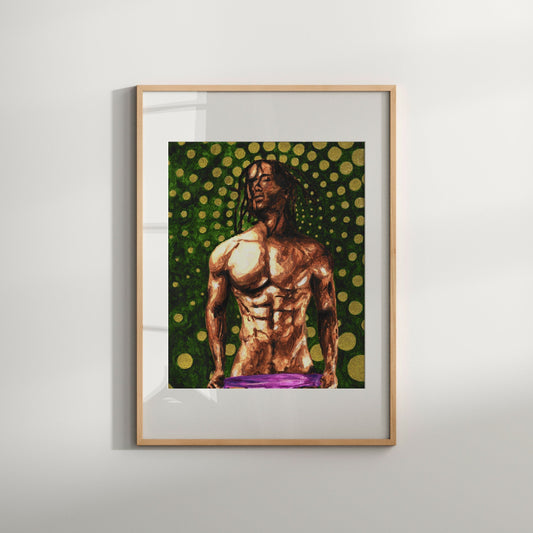 The image displays a framed art print titled "Dots and Circles," featuring a male nude portrait. The artwork is characterized by bold, vibrant colors with a retro vibe, capturing the essence of erotic and gay vintage photography.