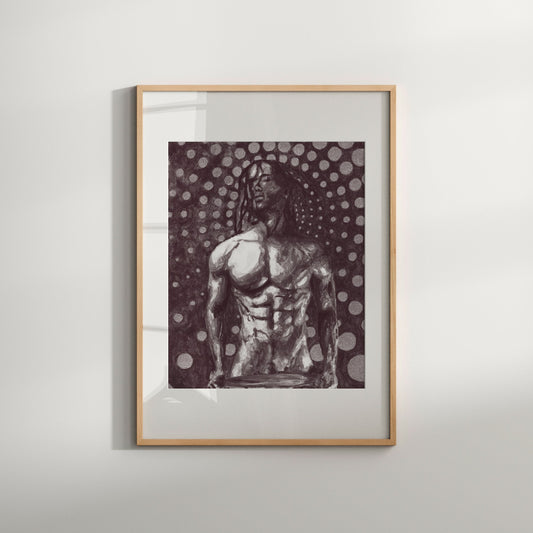 This image features a striking black and white art print titled "Dots and Circles (B&W)." It depicts a male nude figure portrayed in a vintage, erotic style with a focus on abstract patterns created by dots and circles.