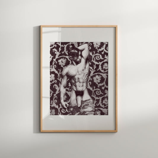 This image features a striking black and white photograph of a male nude, presented in a vintage style. The wallpaper, titled "Victorian Nude," captures the essence of a classic, erotic art print.