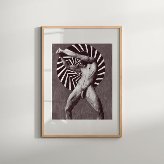 This image features a striking black and white print titled "Against Gravity," which is a Giclée print of an original painting. The artwork captures the essence of male nude full frontal nudity, presenting a vintage-style erotic photo.