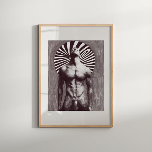 This image features a striking piece of wall art titled "Da Vinci," which is a customizable limited edition photograph. The artwork is a Giclée print of an original painting, showcasing a male nude figure in a dynamic, abstract pose against a bold, black and white background with a white circle.
