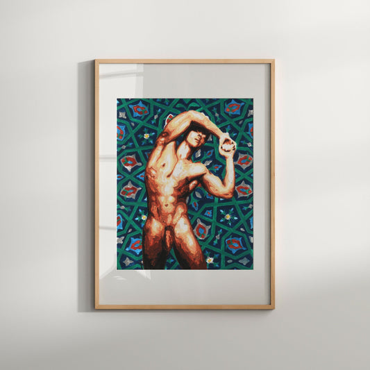 This image features a striking Giclée print titled "Arabesque," which displays a male nude figure in a dynamic and erotic pose. The figure, depicted in a vibrant and colorful style against a rich, patterned background, is captured in a playful and provocative manner that highlights the artistic and homoerotic nature of the work.