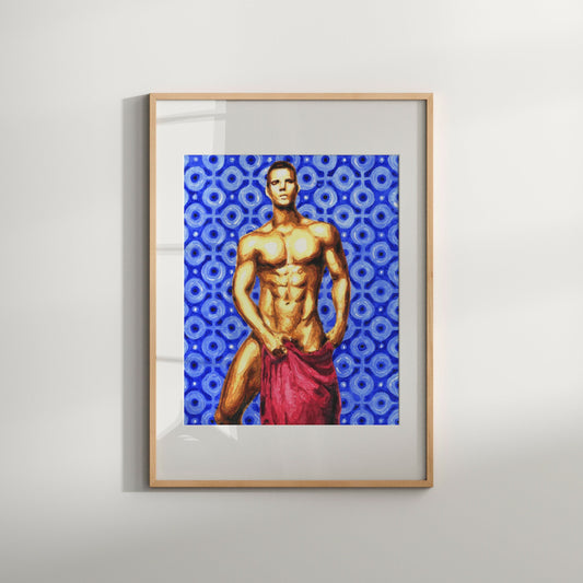 The image displays a framed art print titled "Turkish Bath 2," featuring a vibrant and erotic depiction of a nude male figure. The artwork is characterized by bold, rich colors and an expressive style, capturing the essence of male nudity in a shower.
