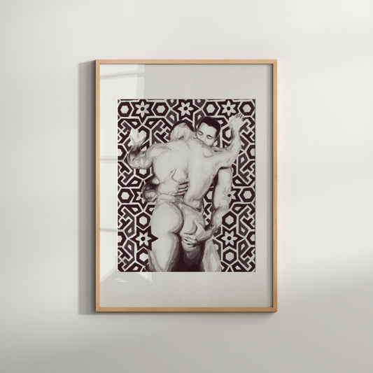 This image features a striking black and white watercolor art print titled "Couple Kissing 5," depicting a same-sex couple in an intimate embrace. The artwork is characterized by bold contrasts of light and shadow, emphasizing the dynamic movement and emotion of the figures.