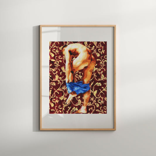 This image features a captivating Giclée print titled "Victorian wallpaper 2," which showcases an artistic rendering of a nude male figure viewed from behind. The figure is depicted in a contorted pose, emphasizing the dynamic and erotic nature of the artwork.