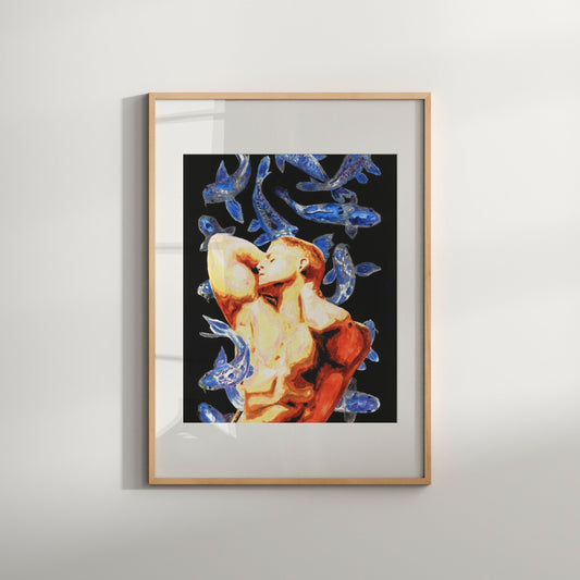 This image features a striking Giclée print titled "Fish," which depicts an erotic and artistic portrayal of a nude male figure surrounded by stylized fish. The figure, rendered in a bold and confident pose, is enhanced by the vibrant and shimmering blue tones of the fish, creating a captivating visual contrast.