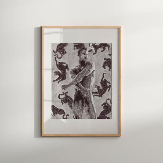 This image features a striking black and white vintage-style photograph, presented in a modern Giclée print format. The photograph captures a male nude figure, depicted in a dynamic and artistic pose, surrounded by a vivid array of tiger graphics that fill the background.