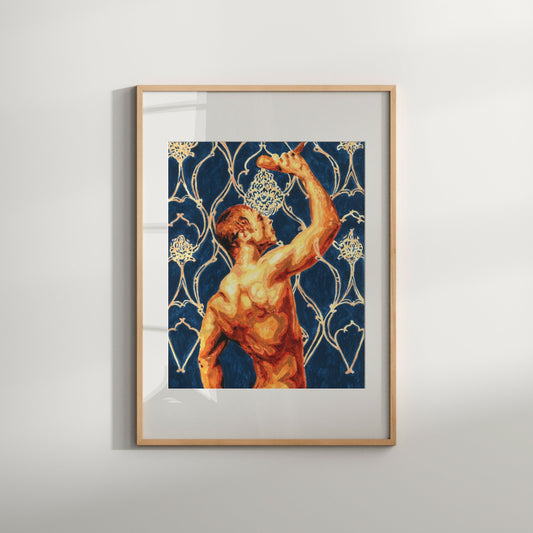 This image features a striking art print titled "In Bathroom," which depicts a vibrant and erotic scene of a nude male figure. The background is adorned with an intricate blue and gold mosaic-like pattern, enhancing the visual drama.