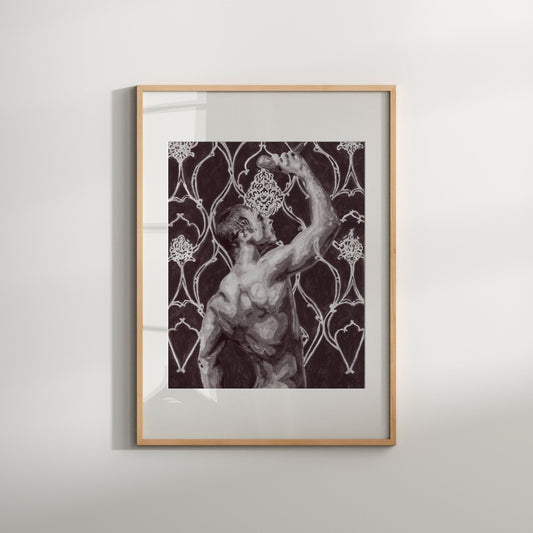 This image features a striking black and white wallpaper showcasing a male nude figure in a dynamic, erotic pose. The wallpaper is a Giclée print of an original painting, highlighting the beauty of the human form through a vintage art lens.