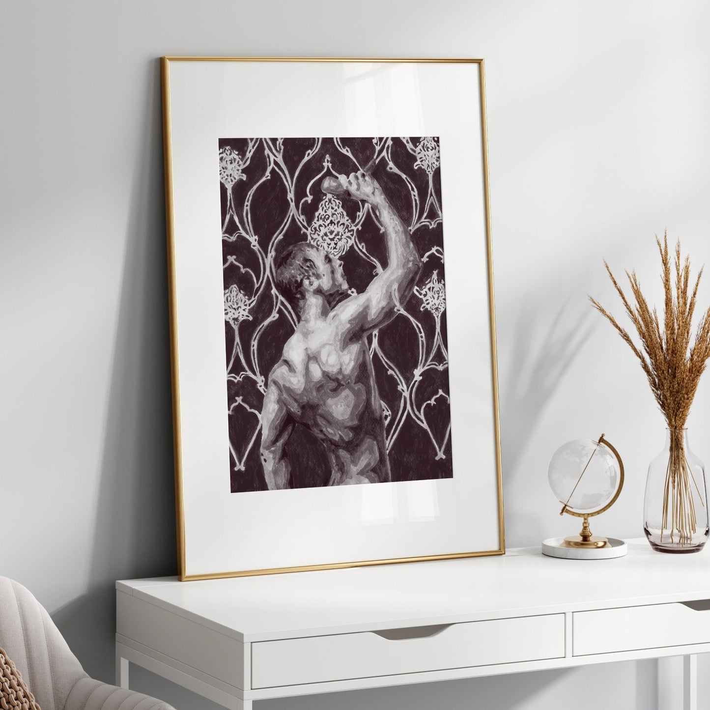 This image features a striking black and white wallpaper showcasing a male nude figure in a dynamic, erotic pose. The wallpaper is a Giclée print of an original painting, highlighting the beauty of the human form through a vintage art lens.