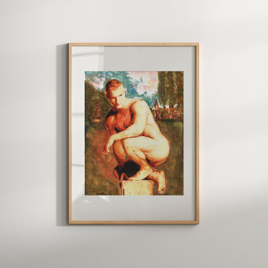 This image displays a captivating Giclée print titled "Statue," featuring a vibrant and colorful depiction of a male figure in a state of rest on a grassy surface. The figure, portrayed in a blend of warm and cool hues, showcases a muscular torso and a pose that suggests both strength and vulnerability.