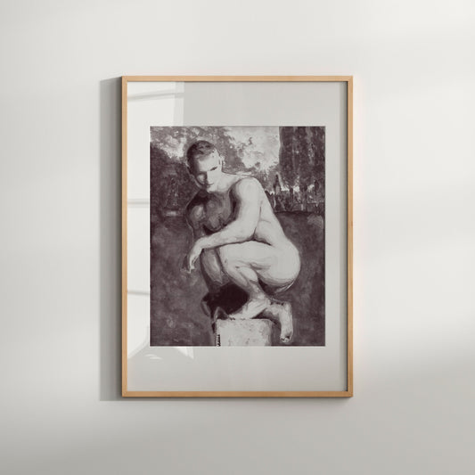 This Giclée print depicting a male figure in a thoughtful, contemplative pose. The figure, set against a backdrop of lush greenery and ancient architectural ruins, is portrayed in a monochrome palette with subtle shading that highlights the muscular tension and emotional depth of the subject.