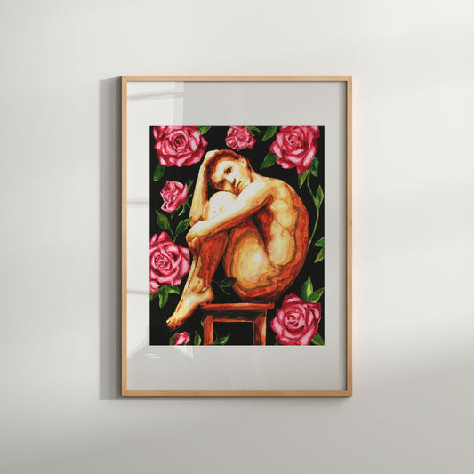 Male Nude Portrait of Naturist Man Floral Watercolor print