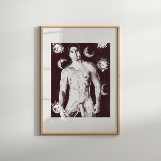 erotic wall art.gay drawing Sun and Moon print | best gay artists | Queer Art | Nude Male Art | gay artwork | male nude watercolor | black & white gay gift Admire the beauty of this man in full glory through this sexy,