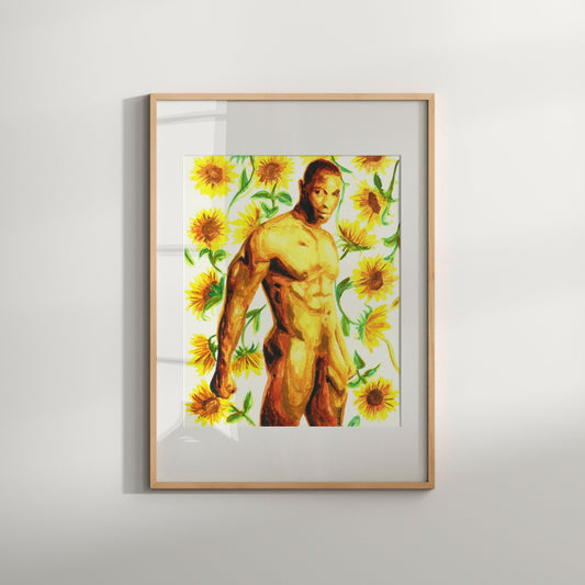 This image features a striking piece of art titled "Sunflower 2," showcasing a male figure portrayed in a vibrant, impressionistic watercolor style, surrounded by sunflowers. The artwork is highlighted by its bold and dynamic colors, with the male figure depicted in a pose that emphasizes his muscular build and athleticism.