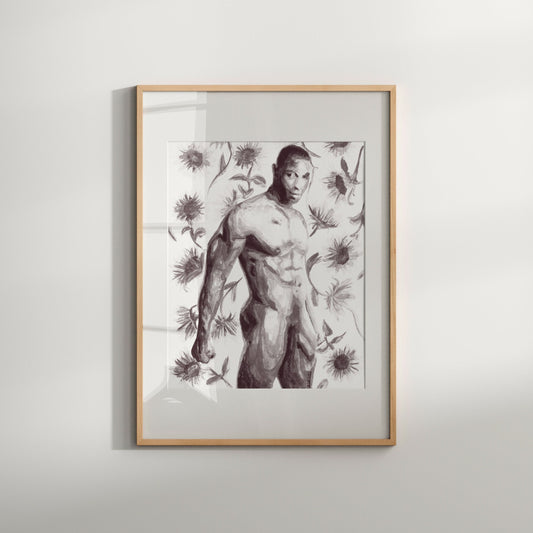 This image features a striking black and white art print titled "Sunflower (B&W)," which showcases a male figure portrayed in a floral watercolor style. The artwork captures a nude male figure, prominently displayed with a background of intricate floral designs and patterns.