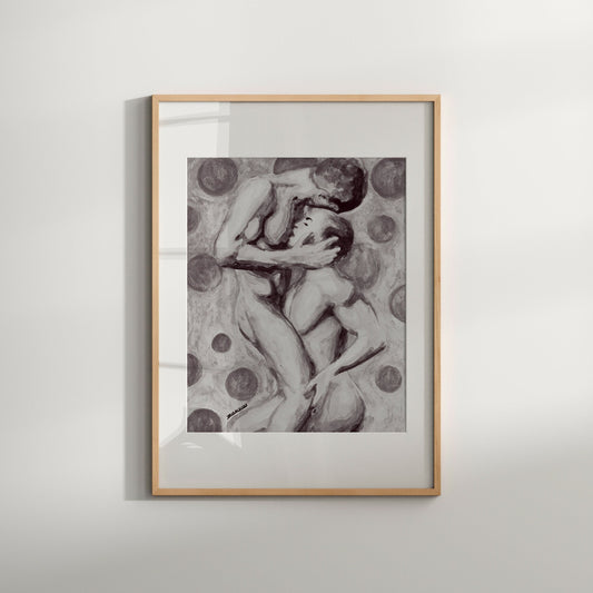 This image features a striking homoerotic wall art print, The artwork depicts a nude male figure in a dynamic, intimate pose with another figure, highlighting themes of love and romance.