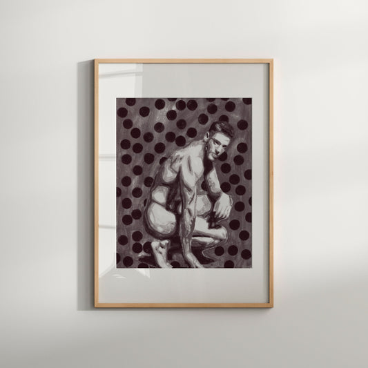 This print It depicts an erotic and sensual watercolor painting of a nude male figure, strategically placed amidst a grid of black dots on a clean.