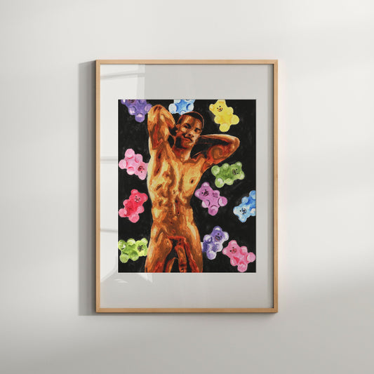 This image features a vibrant and colorful art print titled "Gummy Bear," which portrays a nude male figure adorned with the playful and erotic likeness of gummy bears. The artwork is rendered in a striking watercolor style, with bold outlines and a lively color palette that includes shades of pink, blue, green, and yellow.