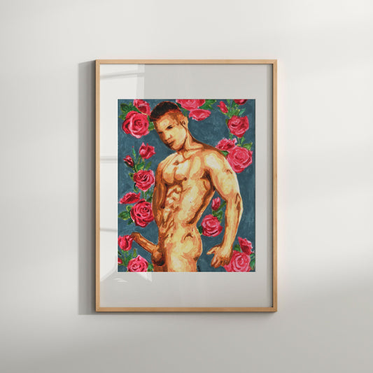 This image features a captivating piece of art titled "Floral Watercolor," showcasing a male nude figure surrounded by vivid, detailed floral illustrations. The artwork combines the beauty of the human form with the delicate charm of flowers, rendered in a soft, realistic style.