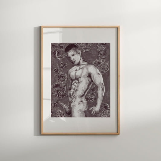 This image features a striking black and white watercolor print titled "Hard tool", presented in a simple, elegant frame. The artwork captures the essence of a male nude, portrayed in a floral and erotic style, with a focus on the play of light and shadows across the figure.