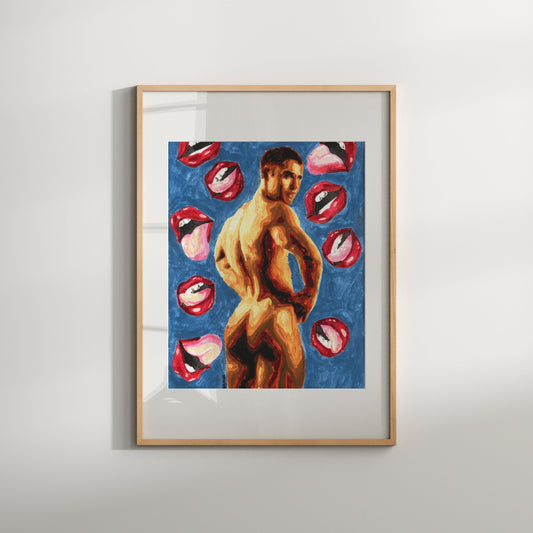 This image features a striking piece of art titled "Sensual Lips," presented in a modern and minimalist frame. The artwork itself is a vibrant and colorful depiction of a male figure with prominent, stylized lips, set against a deep blue background.