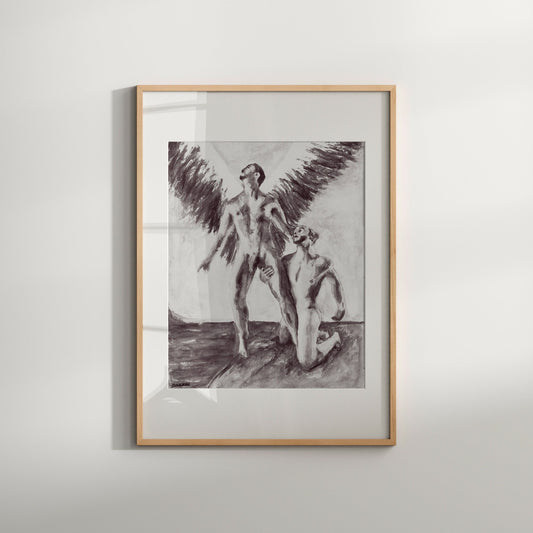 A black and white artwork of two nude males, with one figure depicted with angelic wings, the other kneeling. Both figures are in a contemplative pose, set against a white background.