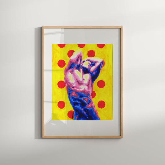 This image features a striking piece of wall art titled "Nude with Polka Dots 6," presented in a vibrant and colorful style. The artwork depicts a nude male torso and body, realistically painted with attention to detail and highlighted by a classic polka dot background in red and yellow hues.