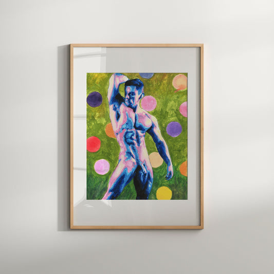 This image features a striking Giclée print titled "Nude with Polka Dots 5," presented in a vibrant and colorful watercolor style. The artwork depicts a male figure in a pose of elegance and confidence, surrounded by a lively mix of bold colors and playful polka dots.