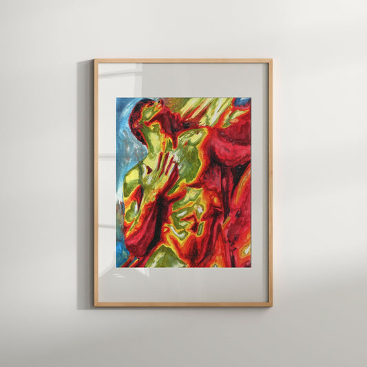 This image features a striking Giclée print titled "On sand," presented in a vibrant and colorful watercolor style. The artwork depicts an abstract and erotically charged scene, focusing on male nude figures.
