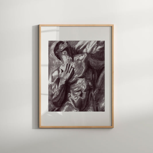 This image features a striking black and white poster of an original male painting, titled "On sand (B&W)." The artwork depicts a mature and erotically charged scene with a male figure in a contorted pose, expressing a blend of emotions.