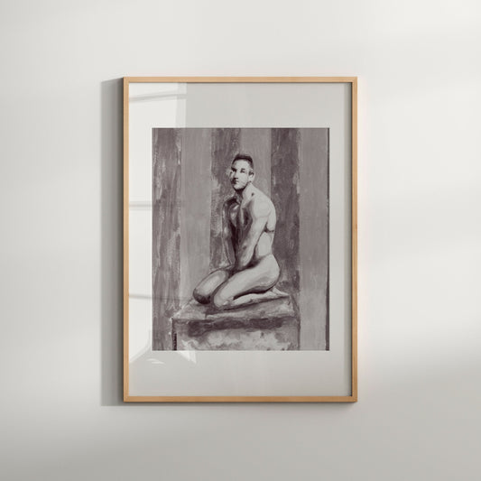 This image features a striking black and white art print titled "French Cheese," which depicts a modern, abstract portrayal of a male figure. The painting emphasizes the subject's contours and the interplay of light and shadows, rendered in a soft, warm palette.