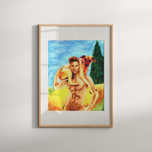 Full Nude Watercolor Art Print | Man with Dog | Gay Art Print | Homoerotic Art Print | Gay Male Art | Gay Couple Gift | Gay Club Art